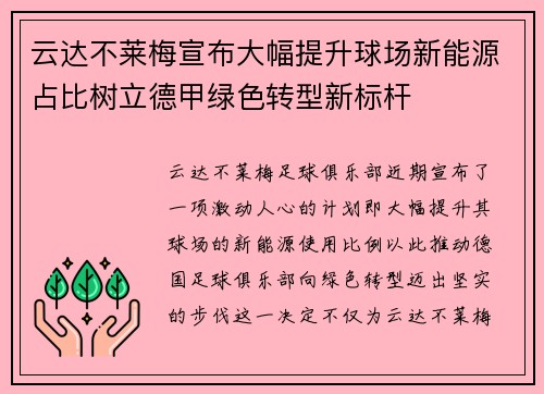 云达不莱梅宣布大幅提升球场新能源占比树立德甲绿色转型新标杆